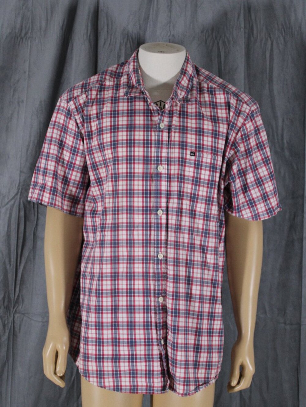 Men's Button Down Shirt - Red White and Blue Plaid Quiksilver - Men's 2XL